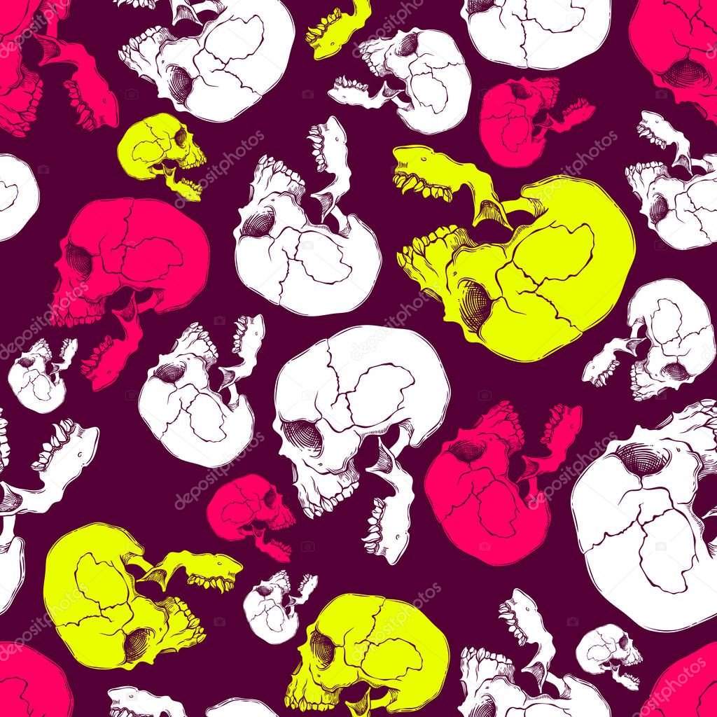 colorful seamless pattern with skulls in cartoon style