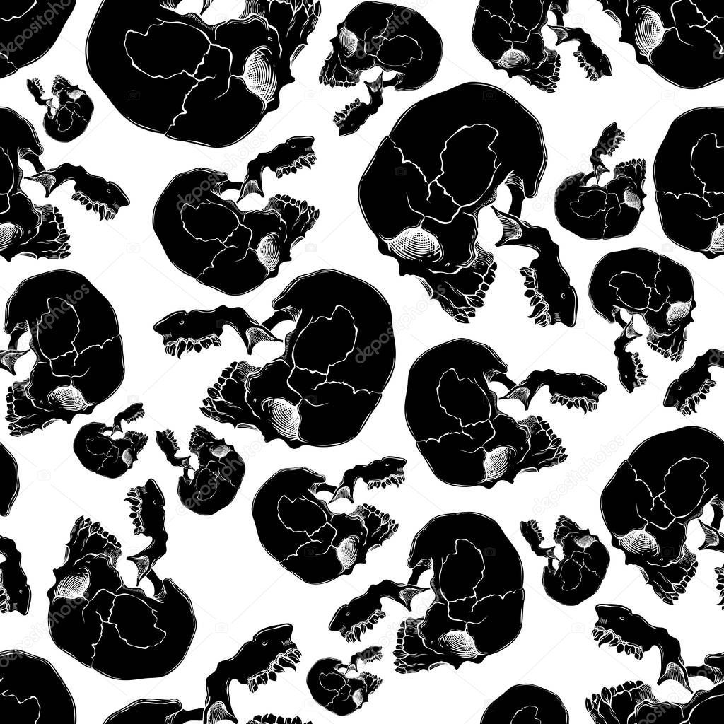 Terrible frightening seamless pattern with skull in cartoon style