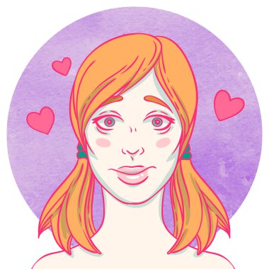 Suluboya arka plan üzerinde genç tatlı kız portresi. Kadın avatar. Duygu