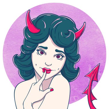 Kıvırcık genç güzel kız portresi. Boynuzları ve kuyruk ile İblis kız. Cadılar Bayramı flört