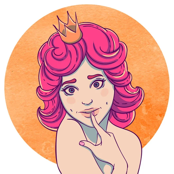 Kręcone Dziewczyna Piękny Portret Księżniczka Koroną Głowie Królowa Różowymi Włosami — Wektor stockowy