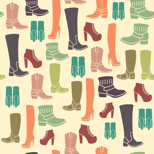 Seamless pattern with flat icons of womens shoes. Pattern for packaging and clearance Shoe store.