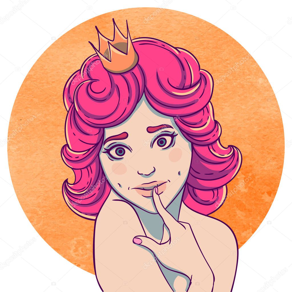 Portrait of curly young beautiful girl. Princess with a crown on his head. Queen with pink hair. Flirty