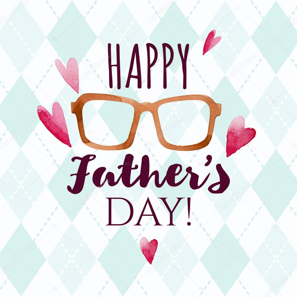 Drawn in cartoon style postcard with beard, glasses, hat and a heart. Happy fathers day