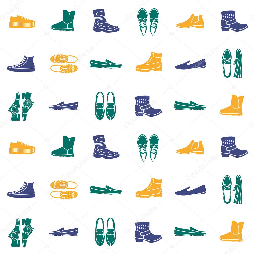 Seamless pattern with flat icons of mens shoes. Pattern for packaging and clearance Shoe store.
