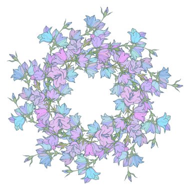 Daire deseni ile bellflowers. Yuvarlak kaleydoskop çiçek ve çiçek öğeleri. Çelenk. Tasarım kartı.