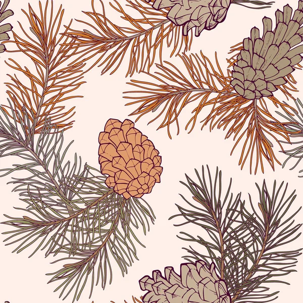 Handgezeichnetes Nahtloses Muster Mit Kiefernzapfen Und Zweigen Eines Immergrünen Nadelbaums — Stockvektor