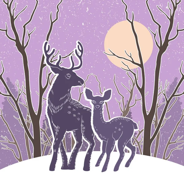 圣诞插图与驯鹿和雪林 卡片的设计 恭喜你 祝你万事如意 — 图库矢量图片