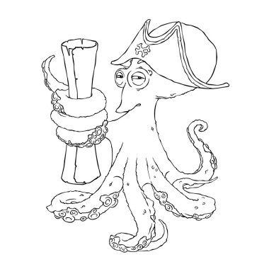 Kurnaz ahtapot-korsan tanınmaz kağıt ile kaydırılır. Hazine haritası. Vektör çizim üzerinde beyaz izole. Boyama sayfası