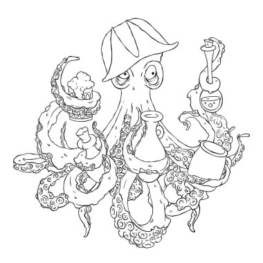 Sarhoş ahtapot-korsan tentacles bir içkiyle. Ayyaş bir cocked hat çarpık. Vektör çizim üzerinde beyaz izole. Boyama sayfası.
