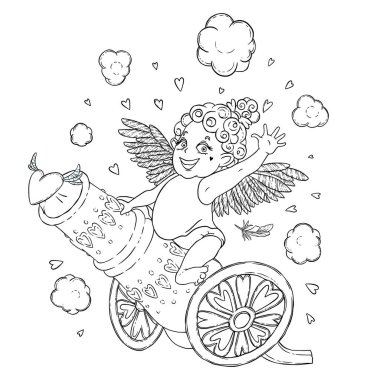 Sevgililer günü. Komik aşk tanrısı kız kalp atış bir top sürme. Vektör çizim üzerinde beyaz izole. Boyama sayfası