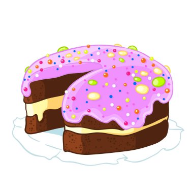 Çizgi film simgesi böğürtlenli krema ve çikolata ile çikolatalı kek basamağında. Vektör çizim üzerinde beyaz izole. T-shirt baskı.