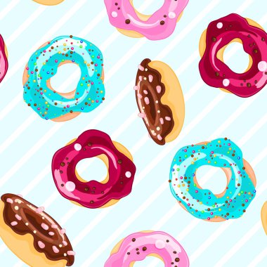 Karikatür tarzı donut ile Dikişsiz dekoratif desen. Çizgili arka plan. Tatlı pasta doku
