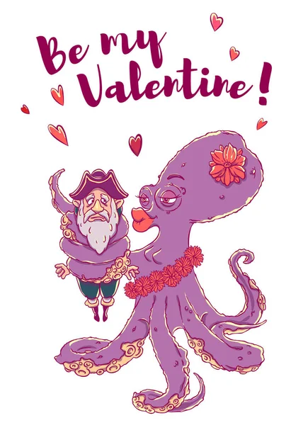 Postcard Valentine Day Feb Valentine Love Octopus Hugs Confused Pirate — Stock Vector