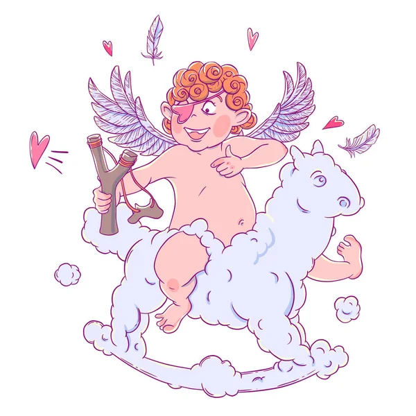 Día San Valentín Cupido Gracioso Con Parche Rodilla Caballo Nube — Vector de stock