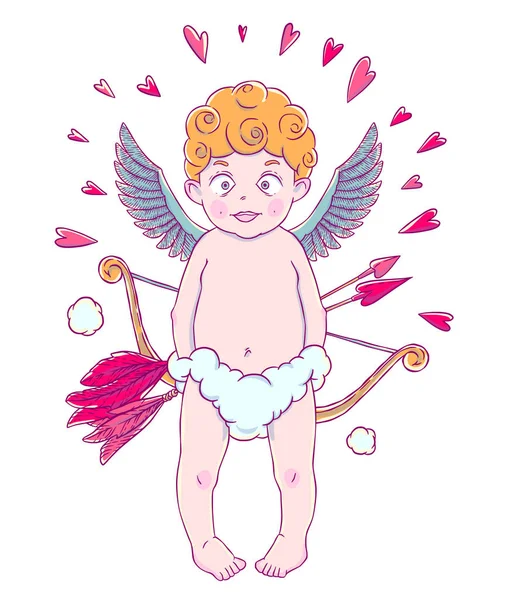 情人节 滑稽的丘比特男孩在云彩长裤与弓和箭头在他的手 心脏周围 在白色背景上隔离的矢量插图 T恤打印 — 图库矢量图片