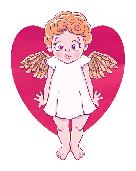 情人节 迷惑丘比特 女孩与金翼和心脏形状 在白色背景上隔离的矢量插图 T恤打印 — 图库矢量图片