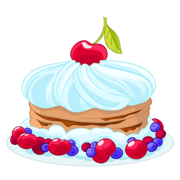 Icône Gâteau Dessin Animé Sucré Avec Crème Fouettée Cerises Bleuets — Image vectorielle