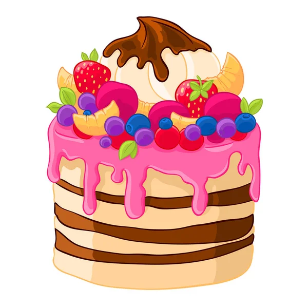 Ícone Desenho Animado Bolo Doce Com Morangos Marshmallows Frutas Bagas — Vetor de Stock