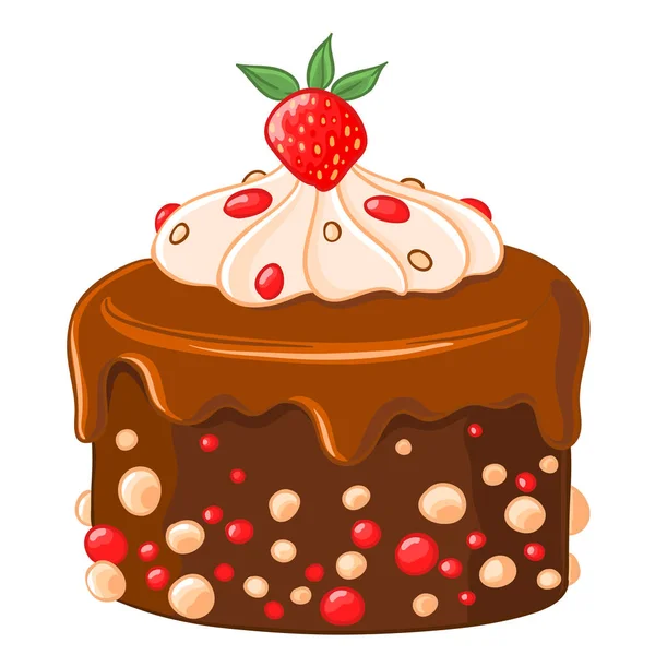 Icono Dibujos Animados Pastel Chocolate Café Con Jarabe Caramelo Fresas — Vector de stock