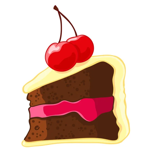 Karikatur Eines Stücks Schokoladenkuchen Mit Zitronenglasur Und Einer Kirsche Vektor — Stockvektor