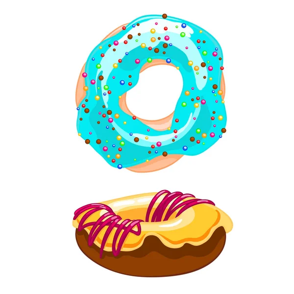 Zwei Süße Cartoon Ikonen Donut Mit Streusel Zuckerguss Und Marmelade — Stockvektor