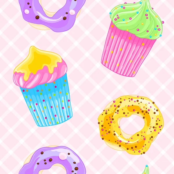 Seamless Decorative Pattern Muffins Donuts Cartoon Style Square Background Sweet — Stock Vector