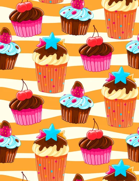 Padrão Decorativo Sem Costura Com Muffins Cerejas Estilo Cartoon Fundo —  Vetores de Stock