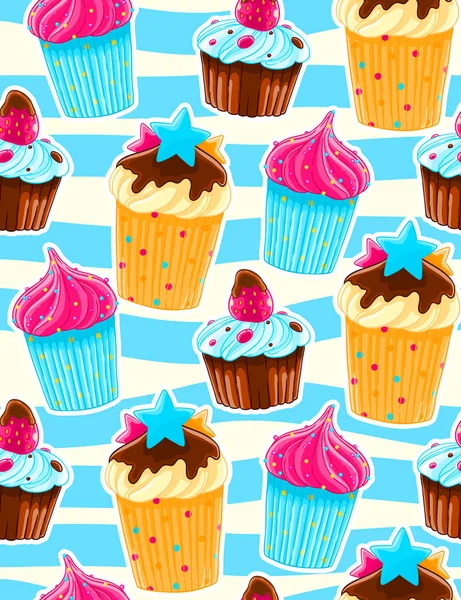 Nahtloses Dekormuster Mit Muffins Und Kirschen Cartoon Stil Blauer Streifen — Stockvektor