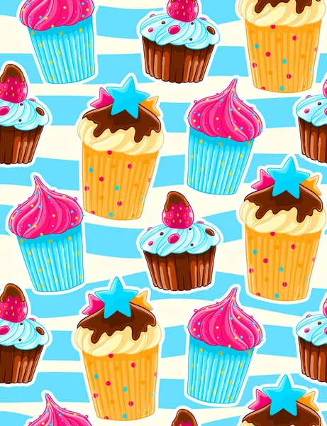 Padrão Decorativo Sem Costura Com Muffins Cerejas Estilo Cartoon Fundo —  Vetores de Stock