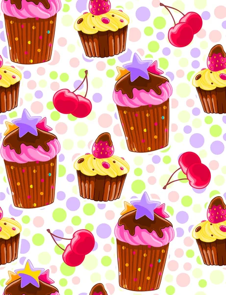 Padrão Decorativo Sem Costura Com Muffins Cerejas Estilo Cartoon Fundo —  Vetores de Stock