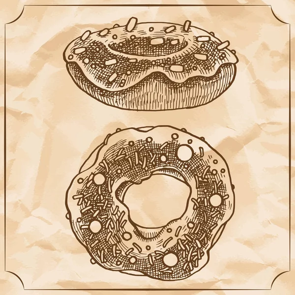 Dos Rosquillas Dulces Vendimia Con Chispas Glaseado Malvavisco Ilustración Dibujada — Vector de stock