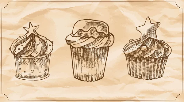 Набор Трех Ретро Вкусные Кексы Сливками Шоколадом Клубникой Векторная Иллюстрация — стоковый вектор