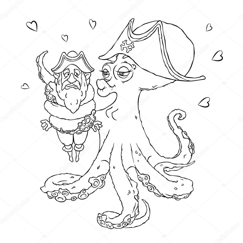 Postcard for Valentine's day. 14 Feb. Be my Valentine. Love the octopus hugs confused pirate. Vector illustration isolated on white. Coloring page