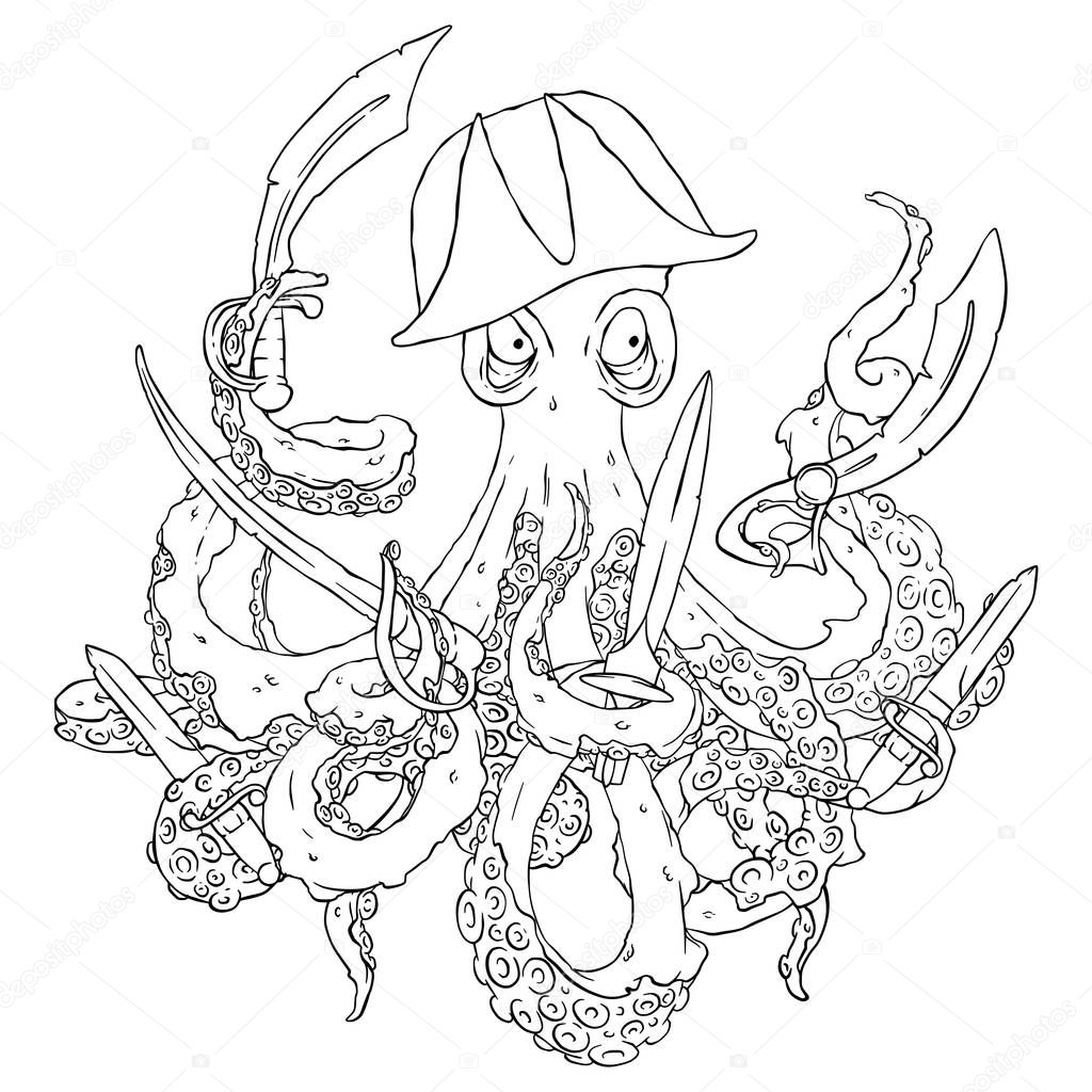 Angry pirate-octopus with arms. Sword, dagger, blade. Aggressive. Vector illustration isolated on white. Coloring page.