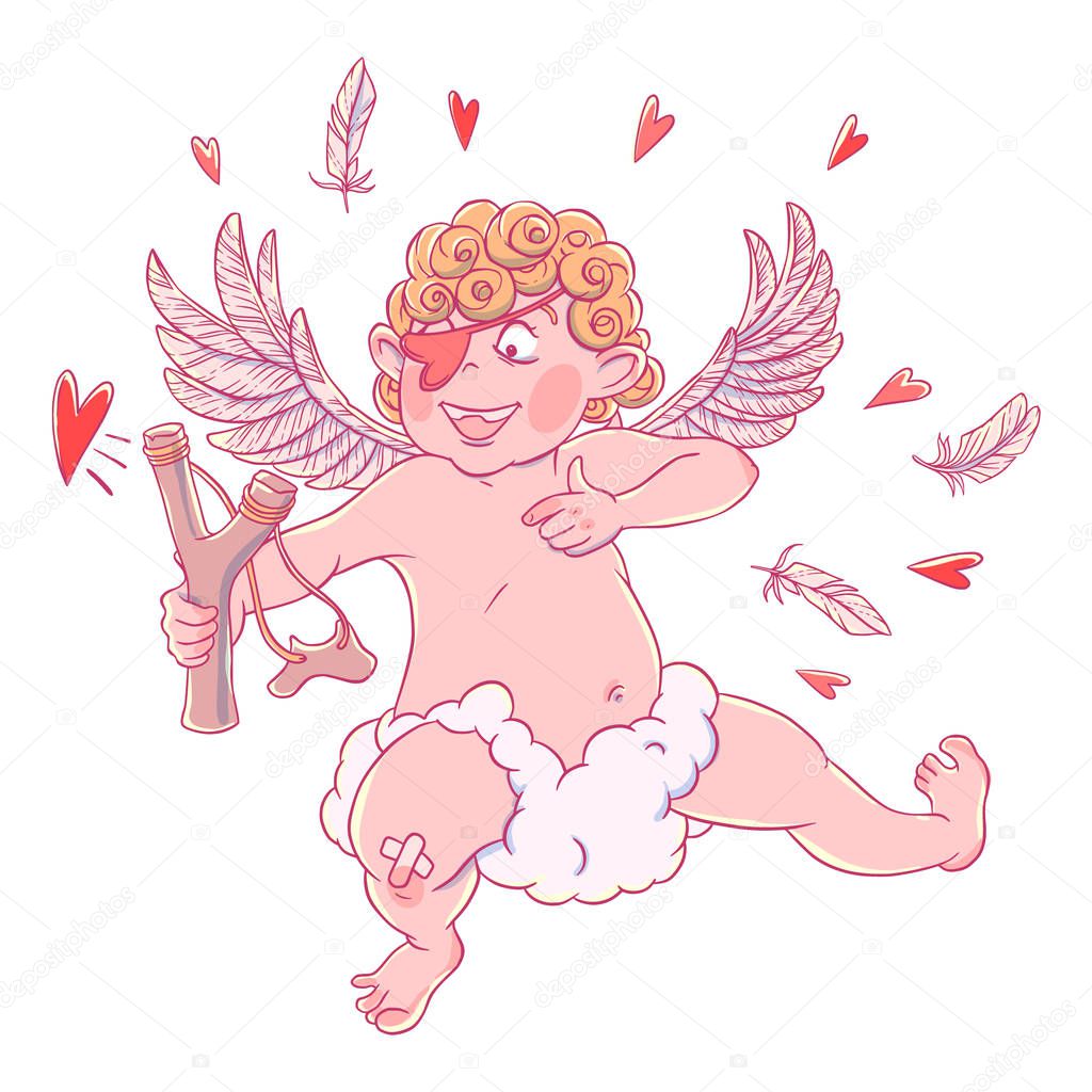Valentine's day. Funny Cupid with patch on the knee on a cloud shoots with a slingshot. Vector illustration isolated on white background. Card. T-shirt print.