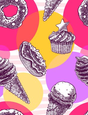 Vintage el drawned dondurma koniler ve kekler, çörekler çok renkli daireler ve çizgili arka plan ile Seamless modeli. Tekstil, duvar kağıdı.