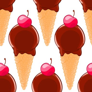 Çikolatalı dondurma koniler ve kiraz tatlı seamless modeli. Yaz serin Tekstil veya kumaş doku
