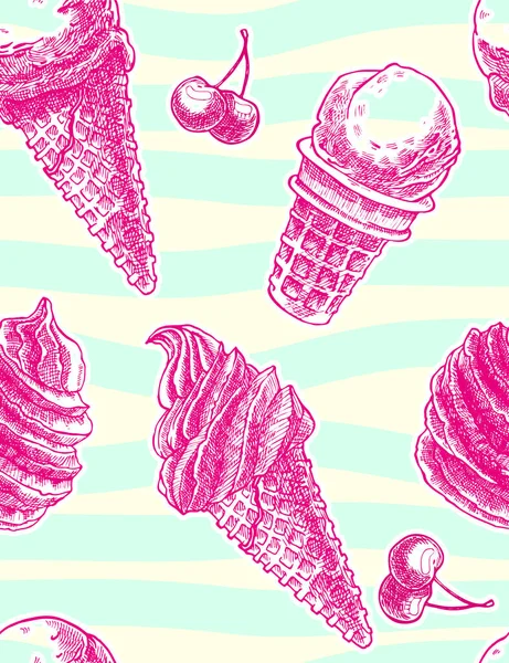 Seamless Pattern Vintage Hand Drawned Ice Cream Cones Cherries Striped — Stock Vector