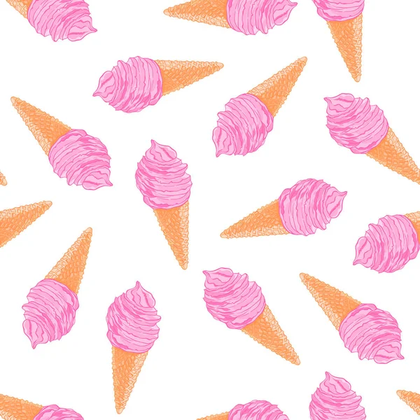涼しい夏スケッチ ベリー アイス クリーム コーンとシームレスなパターン 夏涼しい繊維や布のテクスチャ — ストックベクタ