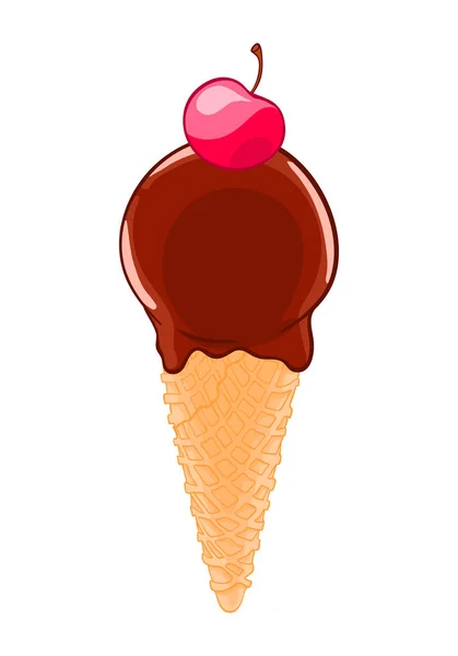 Caricature Croquis Cône Crème Glacée Avec Glaçage Chocolat Cerise Sur — Image vectorielle