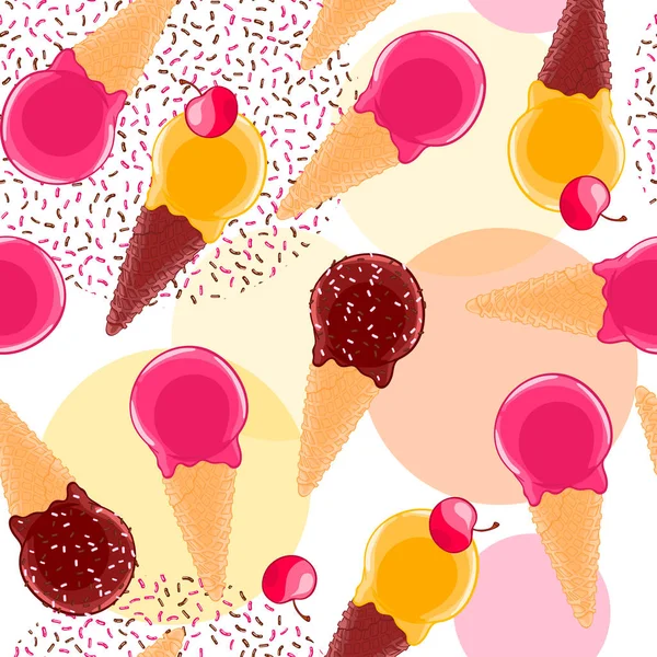 甜的无缝模式与 Multiciolor 水果和巧克力冰淇淋锥和樱桃的圈子和砂砾的背景 夏季凉爽的纺织品或织物质地 — 图库矢量图片