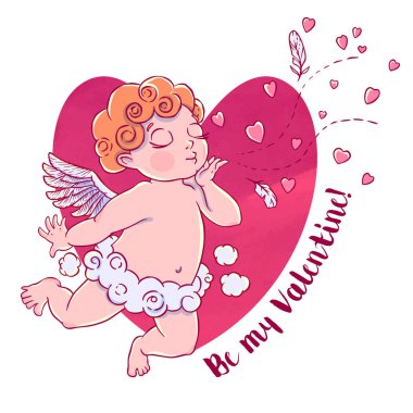 Sevgililer günü. Aşk tanrısı çocuk-bulut pantolon ve üfleme öper ve kalpleri. Beyaz arka plan üzerinde izole vektör çizim. Kartı T-shirt baskı.