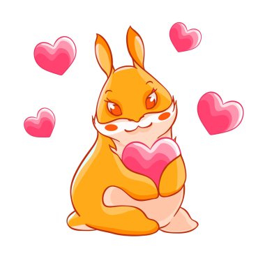 Sevgililer günü. Zencefilli tavşan bir kalp içinde onun paws tutarak. Beyaz arka plan üzerinde izole vektör çizim. Kartı T-shirt baskı.