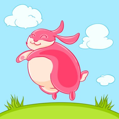 Smiling funny pink Bunny jumped out of the grass. Vector illustration.T-shirt print. Greeting card. clipart