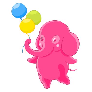 Komik pembe fil üç balon verir. Vektör çizim. T-shirt baskı. Tebrik kartı.