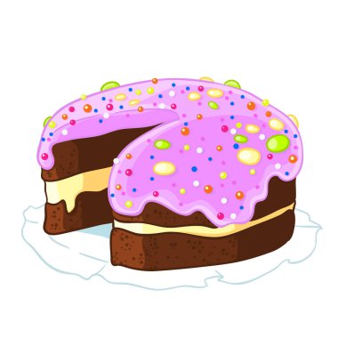 Çizgi film simgesi böğürtlenli krema ve çikolata ile çikolatalı kek basamağında. Vektör çizim üzerinde beyaz izole. T-shirt baskı.