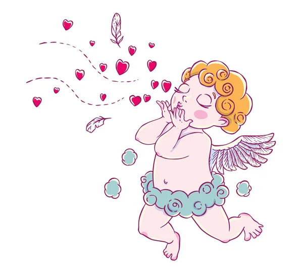 Valentine Day Chmura Chłopiec Cupid Spodnie Ukląkł Dmuchanie Pocałunki Serca — Wektor stockowy