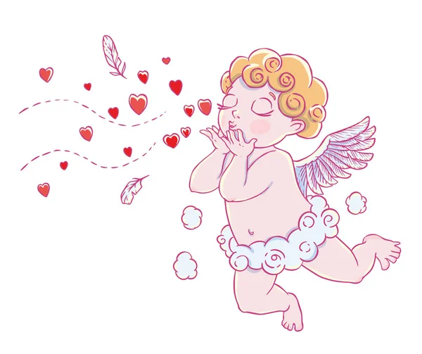 San Valentino Cupido Ragazzo Pantaloni Nuvolosi Baci Cuori Soffianti Illustrazione — Vettoriale Stock