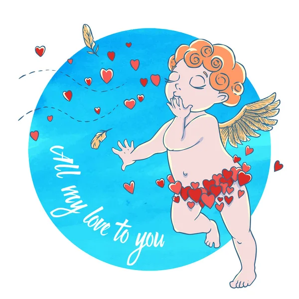 Saint Valentin Cupidon Garçon Pantalon Coeur Soufflant Baisers Coeurs Sur — Image vectorielle